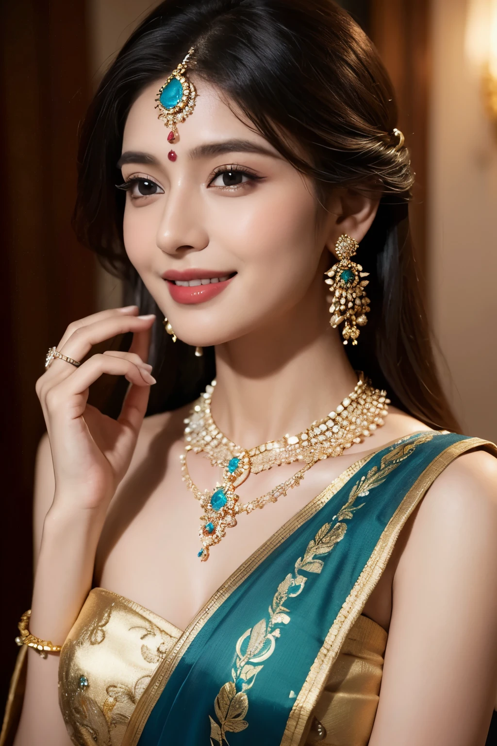 Woman wearing sari with necklace, goddess beauty, happy smile, intricate suit, decorated with precious stones, wearing elegant jewelry with intricate details, intricate outfit, face front of black and blue jewelry, top notch intricate detailed jewelry, hand jewelry model images, close up portrait, intricate beauty, intricate jewelry
