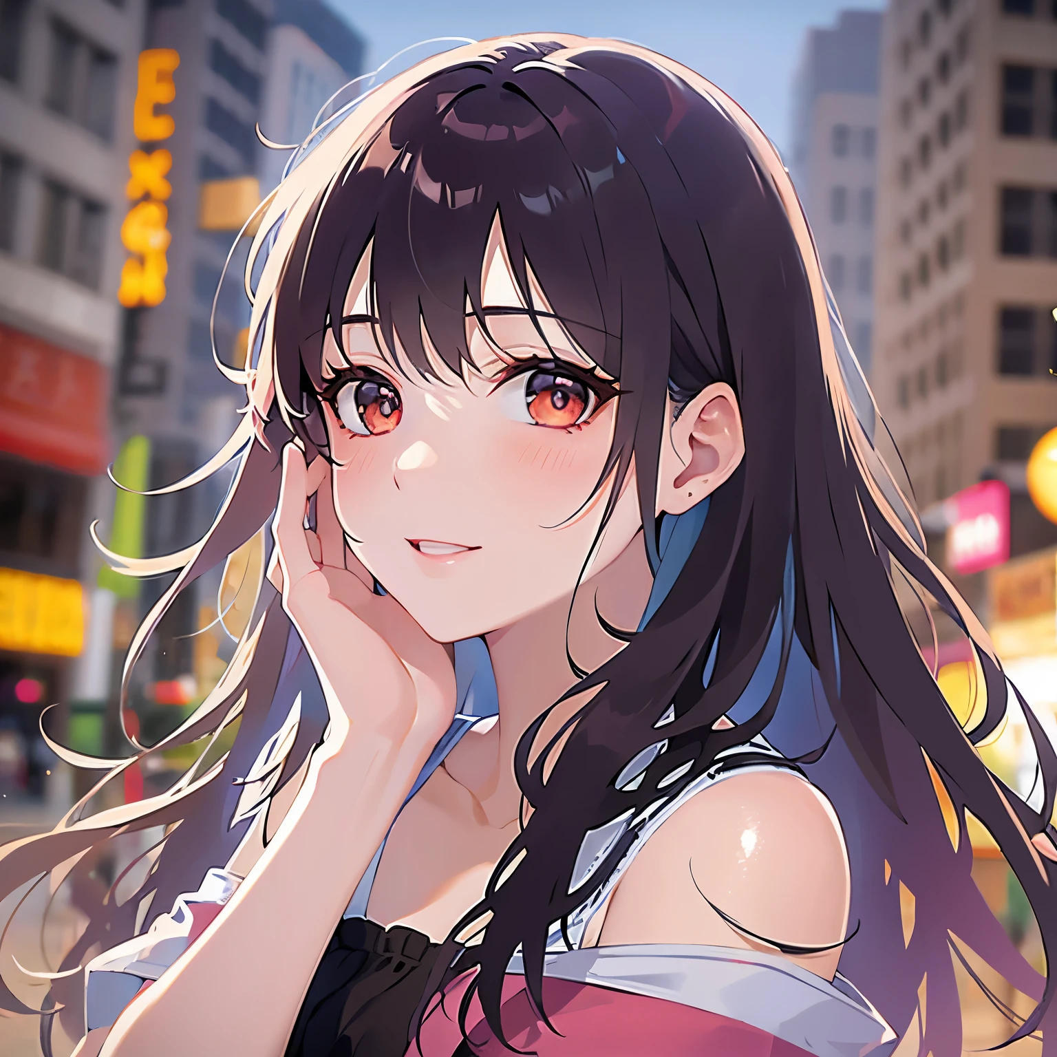 looking up, Biologically correct five fingers、hand on own face, Realistic, real person, (pale skin: 1.2), RAW photo, photorealistic, shiny skin, shiny hair、(A 25-year-old woman with medium-length hair and bangs) and (wavy hair) and (brown hair) and (Orange Eyes) ,BREAK (pink:1.5) and (off shoulder blouse) BREAK、(blush:1.5), smile, Alone、The background is a park、(night:1.