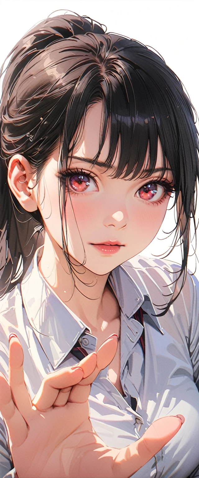 20 years old,1 mature woman,hyperrealistic, 8k, (extremely detailed 8k), (very delicate and beautiful), (masterpiece), (better quality:1.0), (ultra high resolution:1.0), (masterpiece, best quality),cute,black hair,ponytail,POV,full body,white background,realistic skin,collared shirt, pleated skirt,