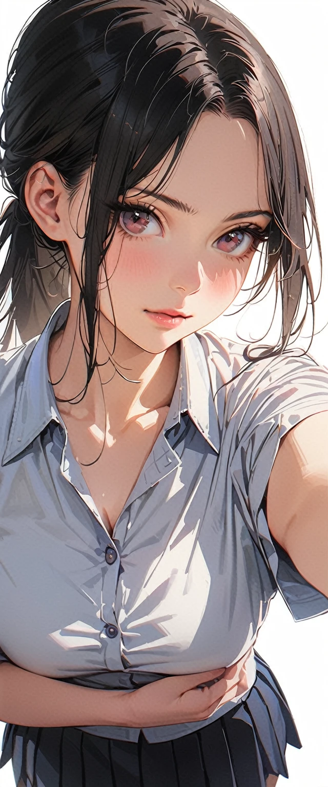 20 years old,1 mature woman,hyperrealistic, 8k, (extremely detailed 8k), (very delicate and beautiful), (masterpiece), (better quality:1.0), (ultra high resolution:1.0), (masterpiece, best quality),cute,black hair,ponytail,POV,full body,white background,realistic skin,collared shirt, pleated skirt,