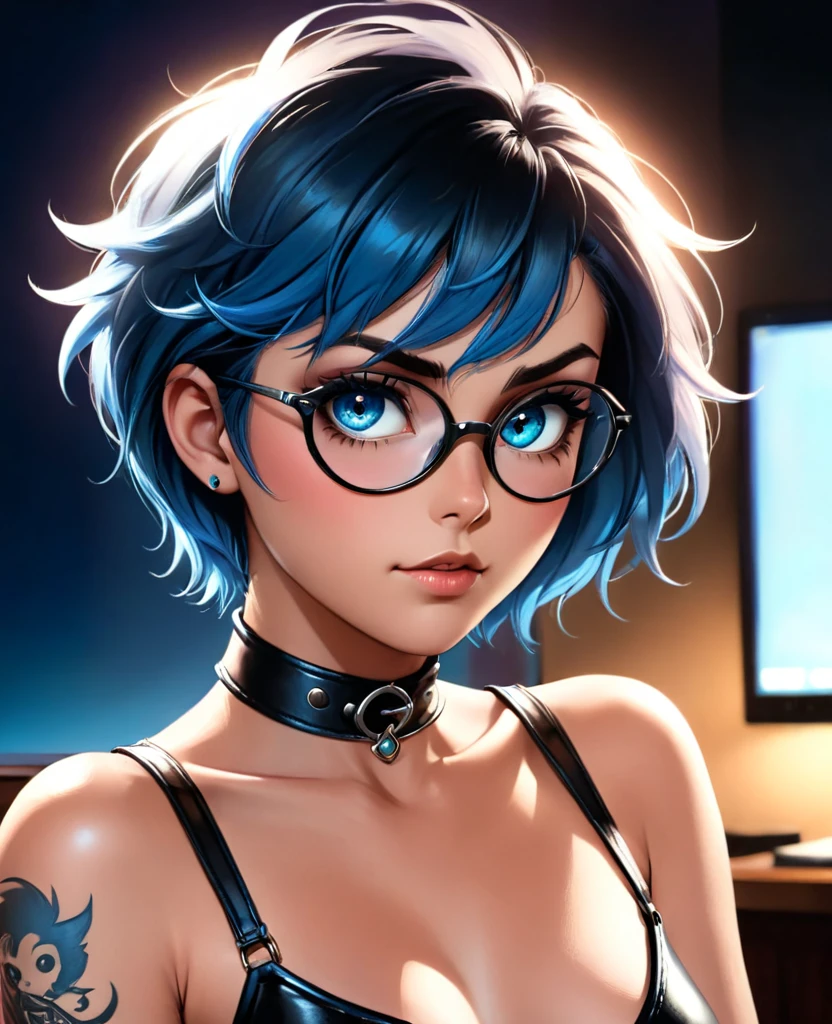 (RAW photo, best quality), (realistic, photo-realistic:1.2), 1girl, high quality, (high detailed skin:1.4), puffy eyes, glasses, gorgeous hair,  (dark room:1.3), (rim lighting:1.3), (dimly lit:1.3), (dark night:1.3), indoors, portrait, sky blue hair, beach background, short hair,  