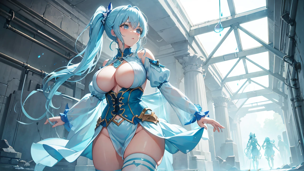 Light blue translucent slime girl, Big Breasts, rather plump body, Walking, In the ancient underground ruins, light blue hair, side ponytail, unconscious, anime style, cowboy shot, UHD, masterpiece, accurate, anatomically correct, super detail, best quality, highres, 4K