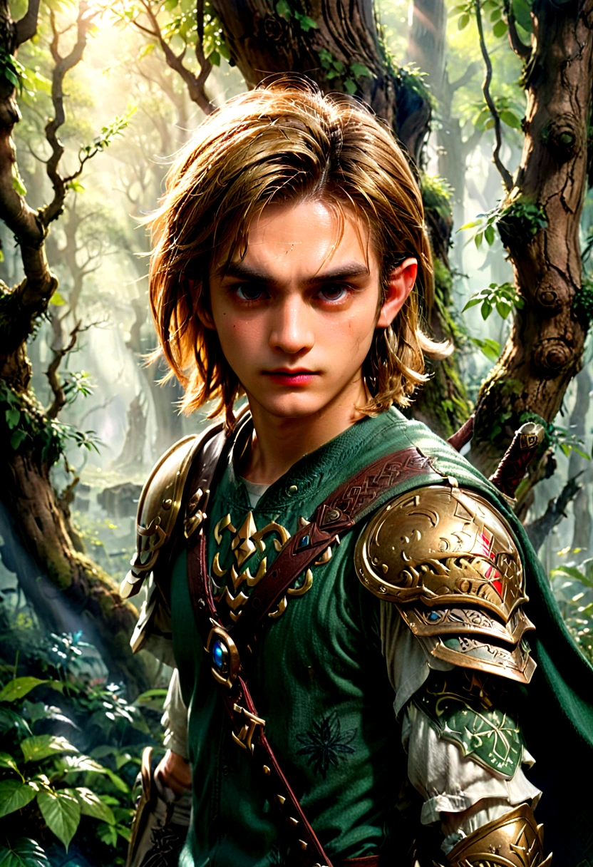 1boy, Link, The Legend of Zelda, Generate a high-fidelity, detail-oriented closeup of Link from the Legend of Zelda holding a sword and shield. The setting is a forest background, with elements such as trees and shrubs subtly included in the background. The image should mimic the texture and depth of an oil painting, expressing the character's confident nature yet also its beauty in a poignant and compelling way, influenced by the art of Lou Xaz, masterpiece, best quality, very aesthetic, absurdres