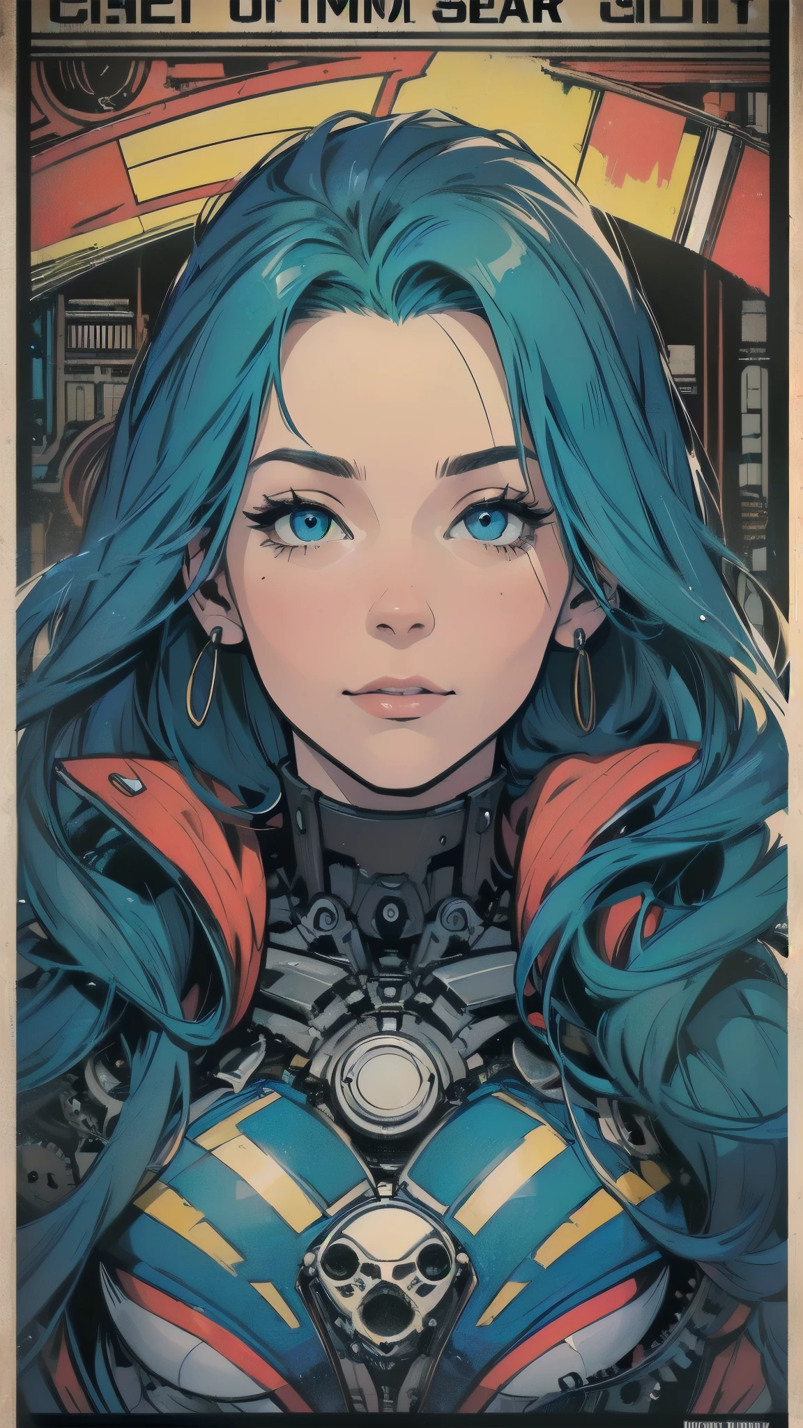 (((ultimate best quality))),((((solo:1.2)))),((((1girl:1.2)))),((((beautiful perfect woman)))),(((detailed perfect body, detailed perfect finger))),((((((ultimate movie poster)))))),(((bust up, close up))),((((detailed complicated machine)))),(((((genius mechanical))))),(((American comics))),(((extreme highlights))),(((Extremely colorful, primary colors))),cleavage, super beautiful lady,(((typography))),text,(((((looking up or looking down)))))