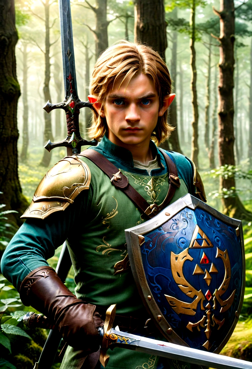 1boy, Link, The Legend of Zelda, Generate a high-fidelity, detail-oriented closeup of Link from the Legend of Zelda holding a sword and shield. The setting is a forest background, with elements such as trees and shrubs subtly included in the background. The image should mimic the texture and depth of an oil painting, expressing the character's confident nature yet also its beauty in a poignant and compelling way, influenced by the art of Lou Xaz, masterpiece, best quality, very aesthetic, absurdres