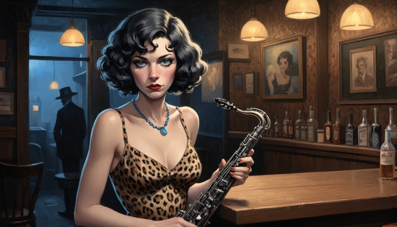 robert johnson, gritty, alabama bar, blue note, charismatic , leopard skin dress, illustration, noir fantasy, lone canadian lady, sad ending, saxophonist