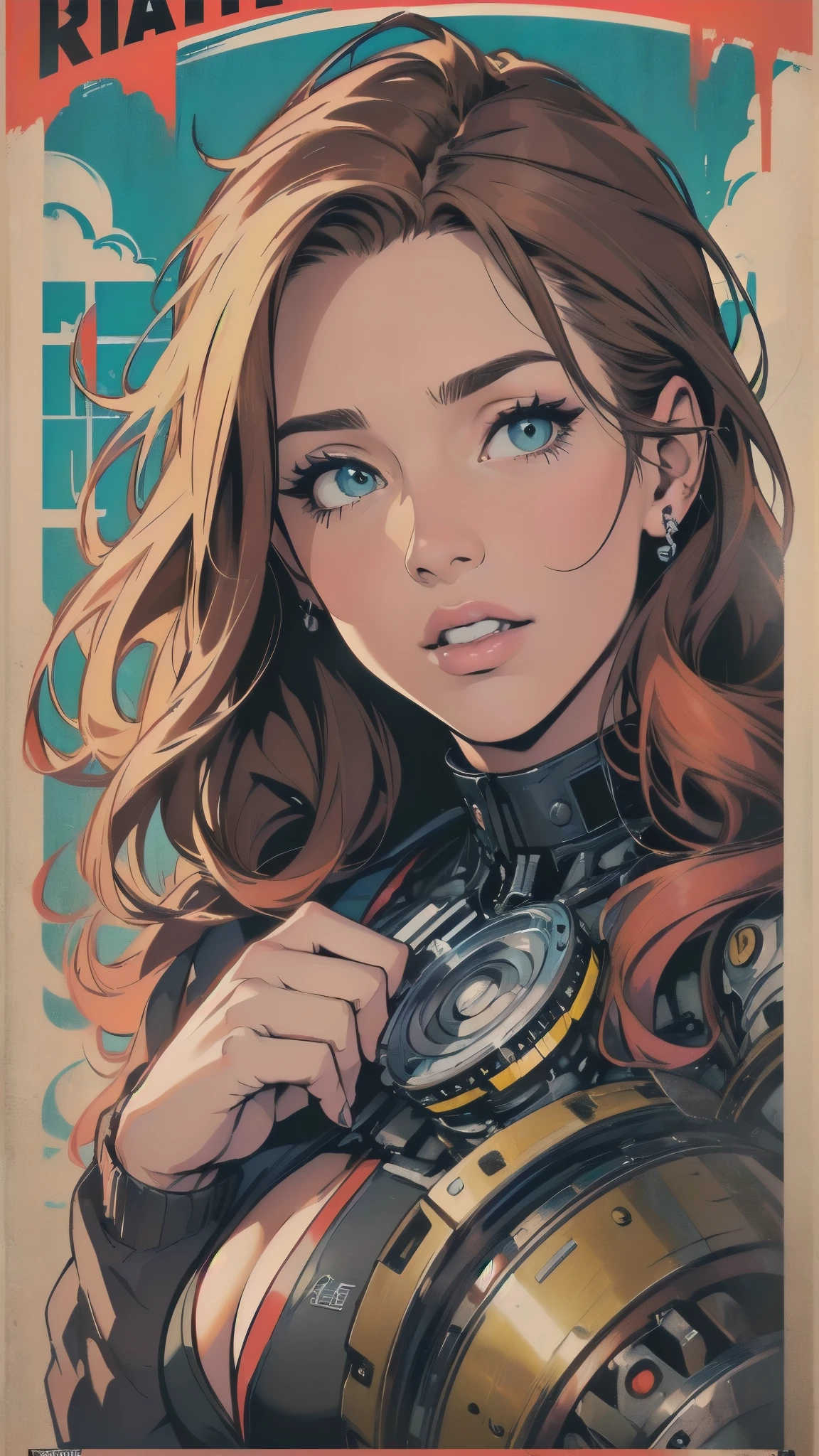 (((ultimate best quality))),((((solo:1.2)))),((((1girl:1.2)))),((((beautiful perfect woman)))),(((detailed perfect body, detailed perfect finger))),((((((ultimate movie poster)))))),(((bust up, close up))),((((detailed complicated machine)))),(((((genius mechanical))))),(((American comics))),(((extreme highlights))),(((Extremely colorful, primary colors))),cleavage, super beautiful lady,(((typography))),text,(((((looking up or looking down)))))