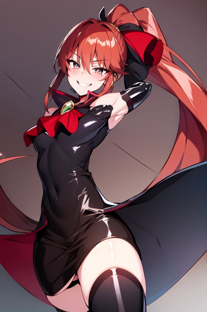 Highest quality, masterpiece, One Girl,Not beautiful, Red Ponytail, Long dress, brooch, Hair Ribbon,  Black knee socks, Standing on the rubble,  (Wicked Smile:1.1), ,,Dark shadowed face,Sadistic smile,Malice,Contempt,smile,latex,Bad face,,Red Skirt,two hands,two legs,five fingers,evil background,elbow gloves,latex, Wicked Smile, devilish aura (Shiny fabric:1.5),Dark world background,独奏,


