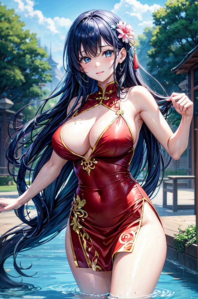 She is wearing a Chinese dress、8K、、Highest quality、Tabletop、Ultra HD、Super detailed、so beautiful、Super detailed髪質、so beautiful、Portraiture、Ezvian everywhere、Captivating look、Beautiful woman、Long Blue Hair、blue eyes、Glowing Skin、bursting breasts、Very large breasts、Very big ass、Water droplets running down the skin、The background is a great night pool、naked、Excessive pubic hair growth