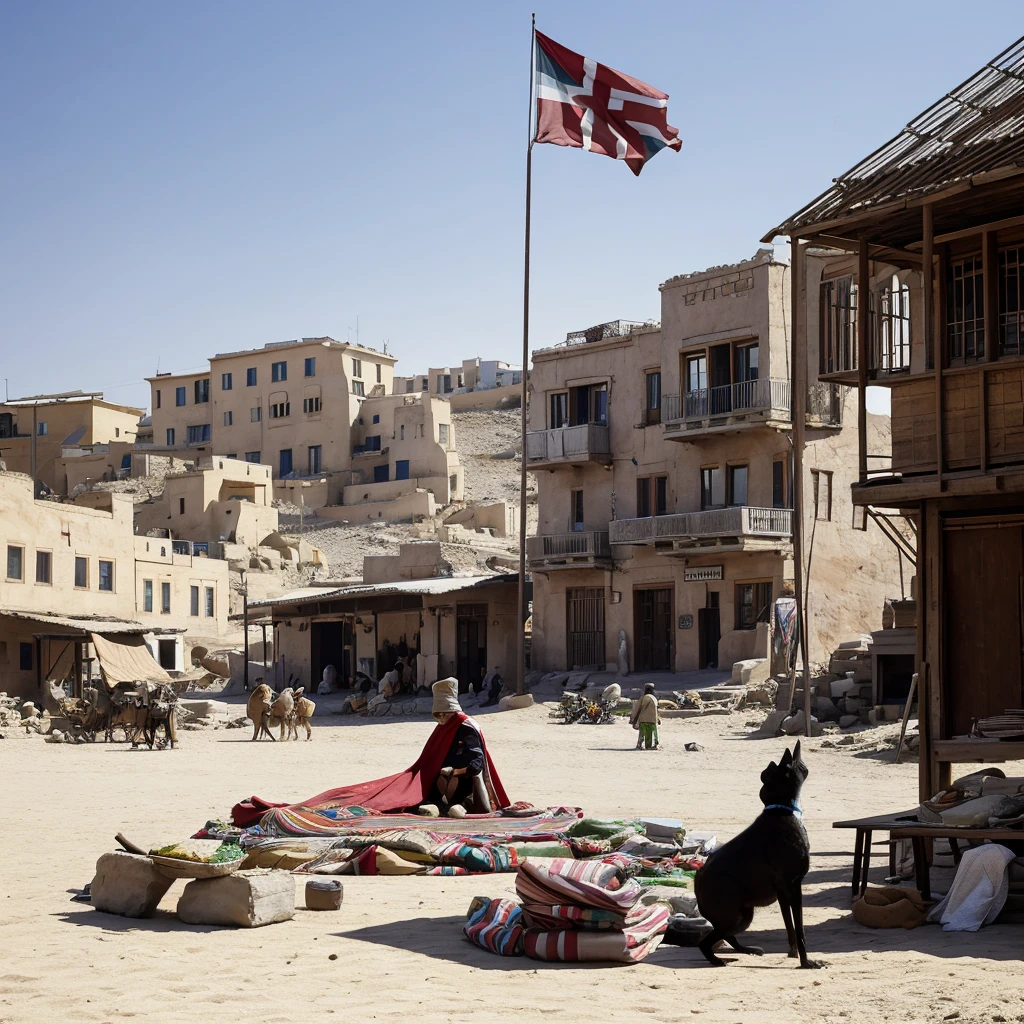 Animal Giant black mouse with human legs, with a blanket on top with the flag of Arabia and in the middle of some almost deserted Middle Eastern town