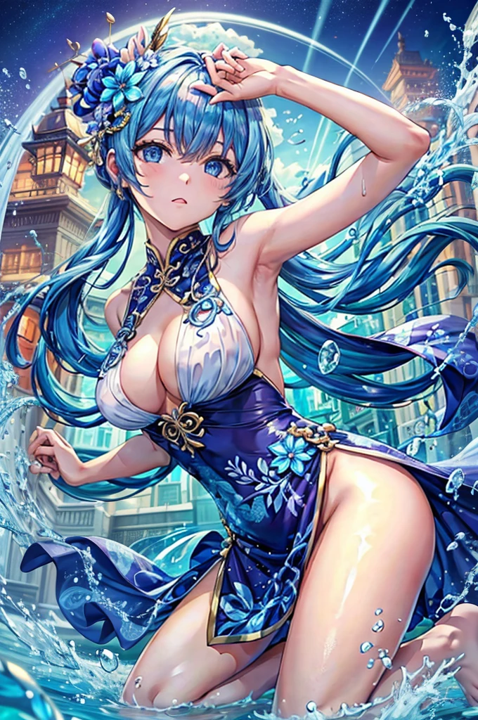 She is wearing a Chinese dress、8K、、Highest quality、Tabletop、Ultra HD、Super detailed、so beautiful、Super detailed髪質、so beautiful、Portraiture、Ezvian everywhere、Captivating look、Beautiful woman、Long Blue Hair、blue eyes、Glowing Skin、bursting breasts、Very large breasts、Very big ass、Water droplets running down the skin、The background is a great night pool、naked、Excessive pubic hair growth