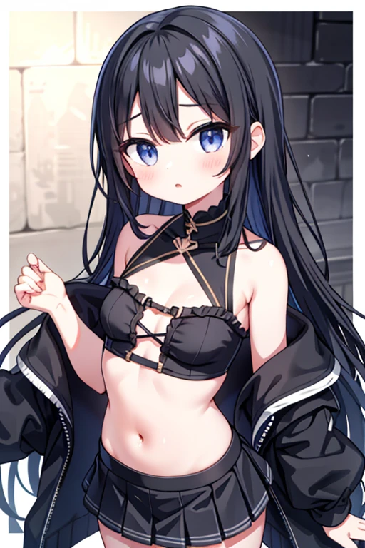 girl、Small breasts、Black Hair、Iris、long hair、Black Mini Skirt、Black off-shoulder、belly button