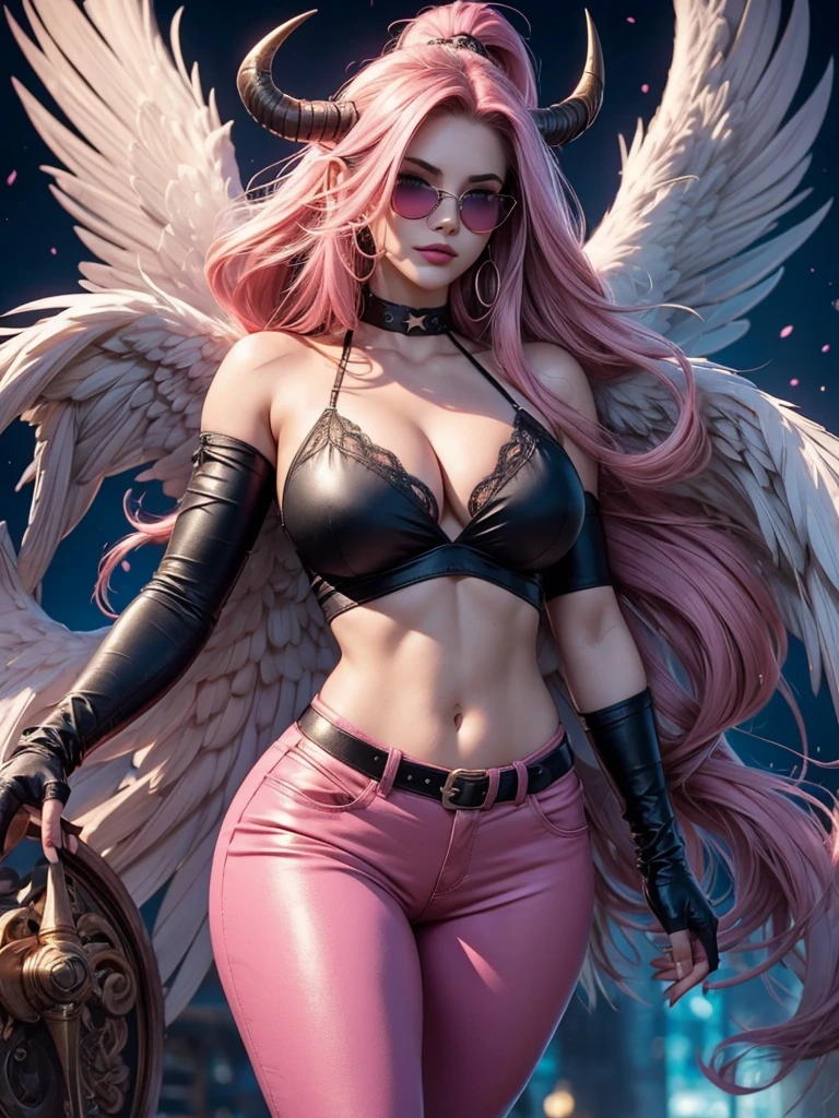 {-erro_de_anatomia:1.0} woman, solo, long hair, breasts, sideboob, areola, long white hair, white stockings, pink heart-shaped wings, compass rose halo, wings, navel, gloves, bunny ears, diaphragm, magic circle, asymmetrical legwear, angel, angel wings, small pink wing, animal ears, very long hair, blue eyes, pink wings, big breasts, mismatched pants, single shoe, feathered wings, blue eyes, shoes, high socks, crop top pink, cross, white hair, looking at the viewer, close up the face, portrait