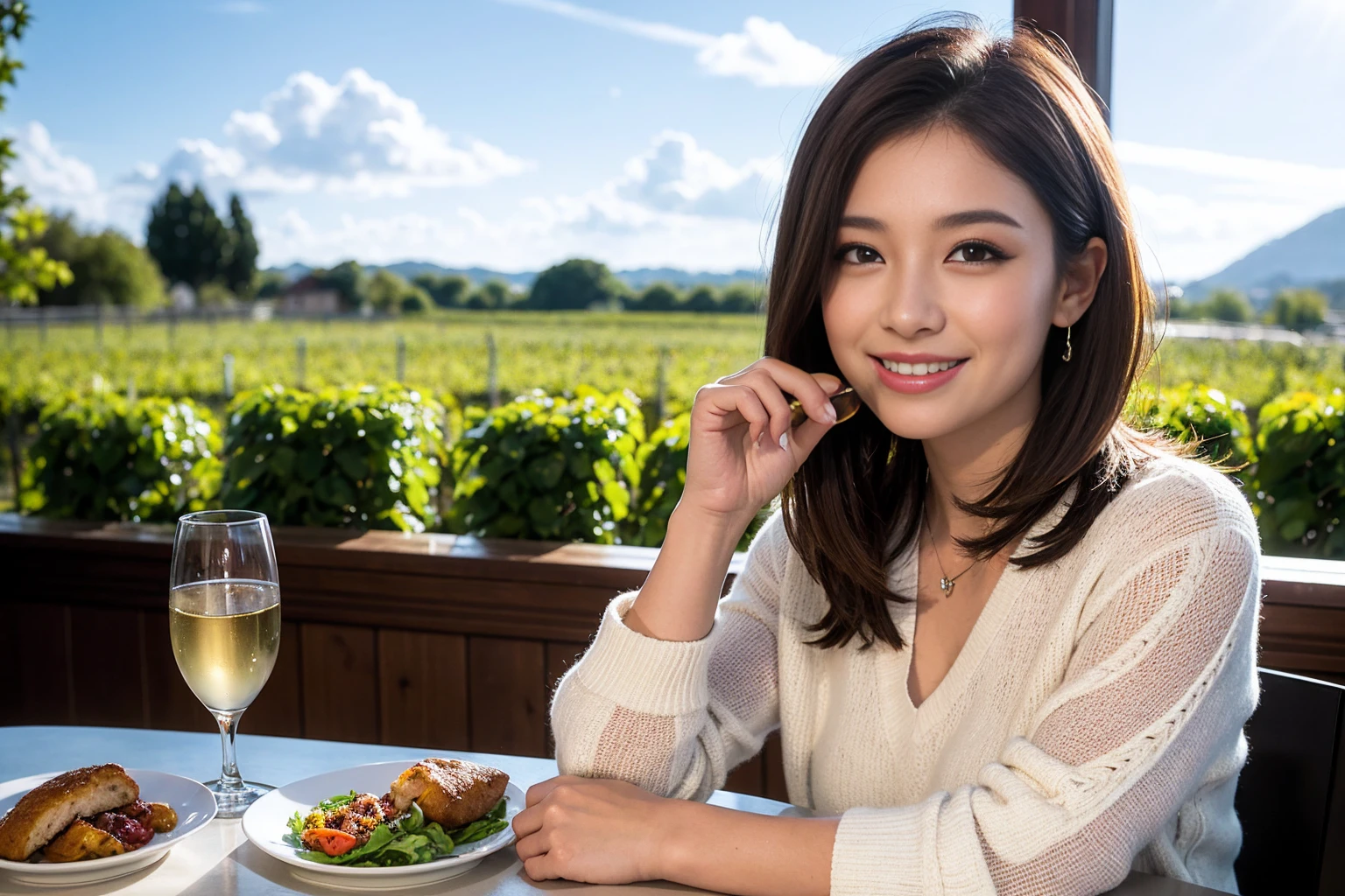 ((Highest quality、8K、masterpiece:1.3))、slimカップル、modelカップル、(Realistic, Intricate details:1.2), full-course dinner、Wine Party、Amazing view of the sunset sky and clouds、A bright smile、The wonderfulness of smile、Bright image、The beauty of wine, Beautiful Face, blue eyes, The light shines on your face, Blushing, short hair,Bright Face、 (Age 37), 39 years old, red wine 、Appetizers、Italian food、Wine bottle、Champagne、sparkling wine、Two beauties、Brown Hair、Shortcuts、Long sleeve shirt、dress、Beautiful woman 1, (slimな顔), (The body is slim), (Brown Hair), (Shortcuts), cheeks turn a little red,Attractive beauty、restaurant, In a prominent place (From the waist up) Nova Frog Style, actress, model, Upper Body, White wine, slim, wine glass, 中央に置かれたwine glass, smile, (smile: 1.15), Beautiful fine grain, Depth f/2,saturation, High Contrast, Strong light and shadow,Moist Body:1.5、3D texture、Delicate eyes、Brown Hair、The hair is very shiny、