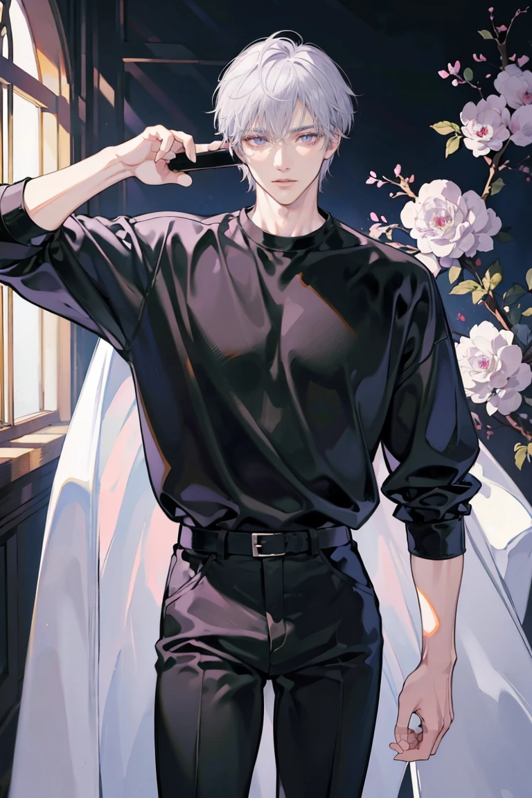 anime - (masterpiece), best quality, seductive eyes, perfect face, mature face, purple eyes, middle part haircut, short length white hair, black t-shirt, black pants, tall man, long legs, masculine