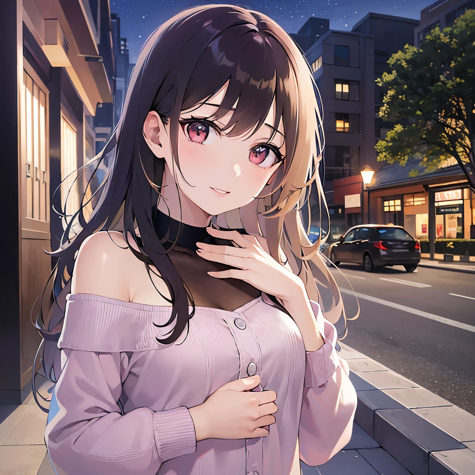 looking up, Biologically correct five fingers、hand on own chest, Realistic, real person, (pale skin: 1.2), RAW photo, photorealistic, shiny skin, shiny hair、(A 25-year-old woman with medium-length hair and bangs) and (wavy hair) and (brown hair) and (Orange Eyes) ,BREAK (pink:1.5) and (off shoulder blouse) BREAK、(tears:1., smile, Alone、The background is a park、(night:1.5)