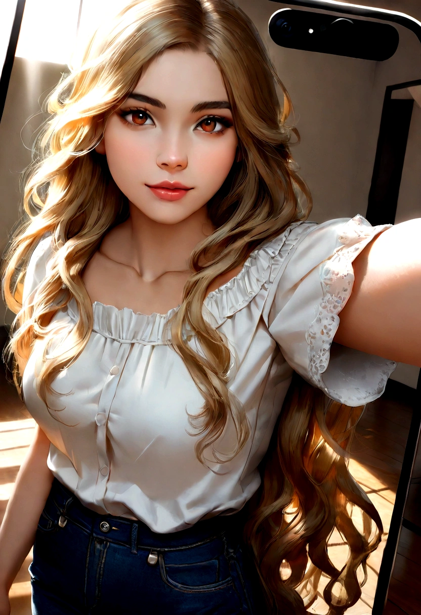 A 19-year-old blonde girl with warm brown eyes, ((hyperrealistic)), ((true to life)), hair with golden highlights cascading down her back in loose waves, ((really long hair)), ((high quality)), selfie taken in a sunlit room, wearing a simple yet elegantly fitted white blouse and dark denim jeans, ((front view)), ((iPhone selfie)), a soft smile playing on her lips, ((beautiful)), ((sweet and innocent)), ((No explicit content)), titled "A Moment of Happiness," ((cinematic)), ((dramatic)), ((highest quality: 1.5)), ((photorealistic: 1.