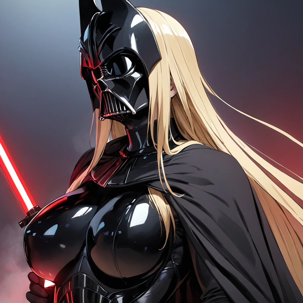 ((Highest quality)), ((masterpiece)), (detailed), （Perfect Face）、The woman is the Sith Lord Tearju, with medium-long blonde hair, a female version of Darth Vader, wearing the same bodysuit and protector as Darth Vader, a full-face helmet like Darth Vader, a black cloak, and carrying a red lightsaber.