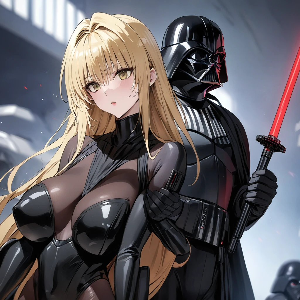 ((Highest quality)), ((masterpiece)), (detailed), (Perfect Face)、The woman is the Sith Lord Tearju, with medium-long blonde hair, a female version of Darth Vader, wearing the same bodysuit and protector as Darth Vader, a full-face helmet like Darth Vader, a black cloak, and carrying a red lightsaber.