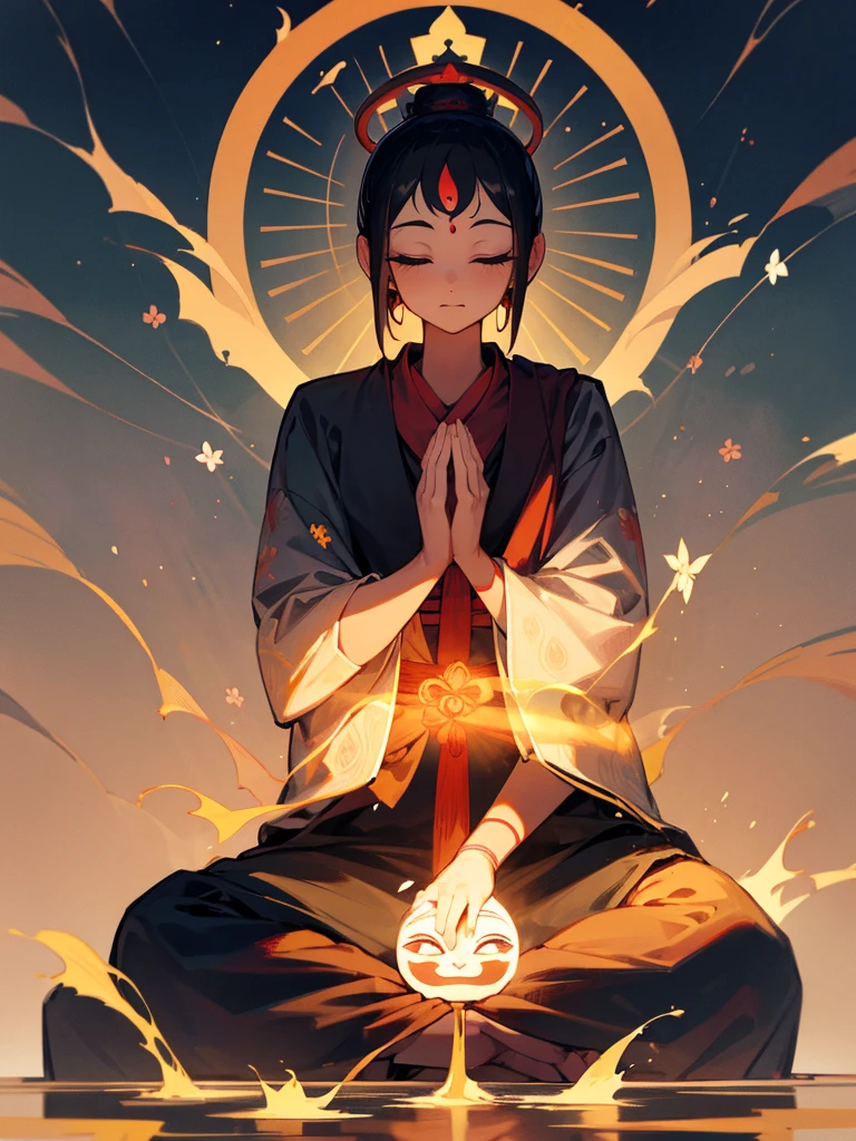 Amitabha Buddha 泣き顔 eyes closed buddha posture halo black hair hands together third eye 涙