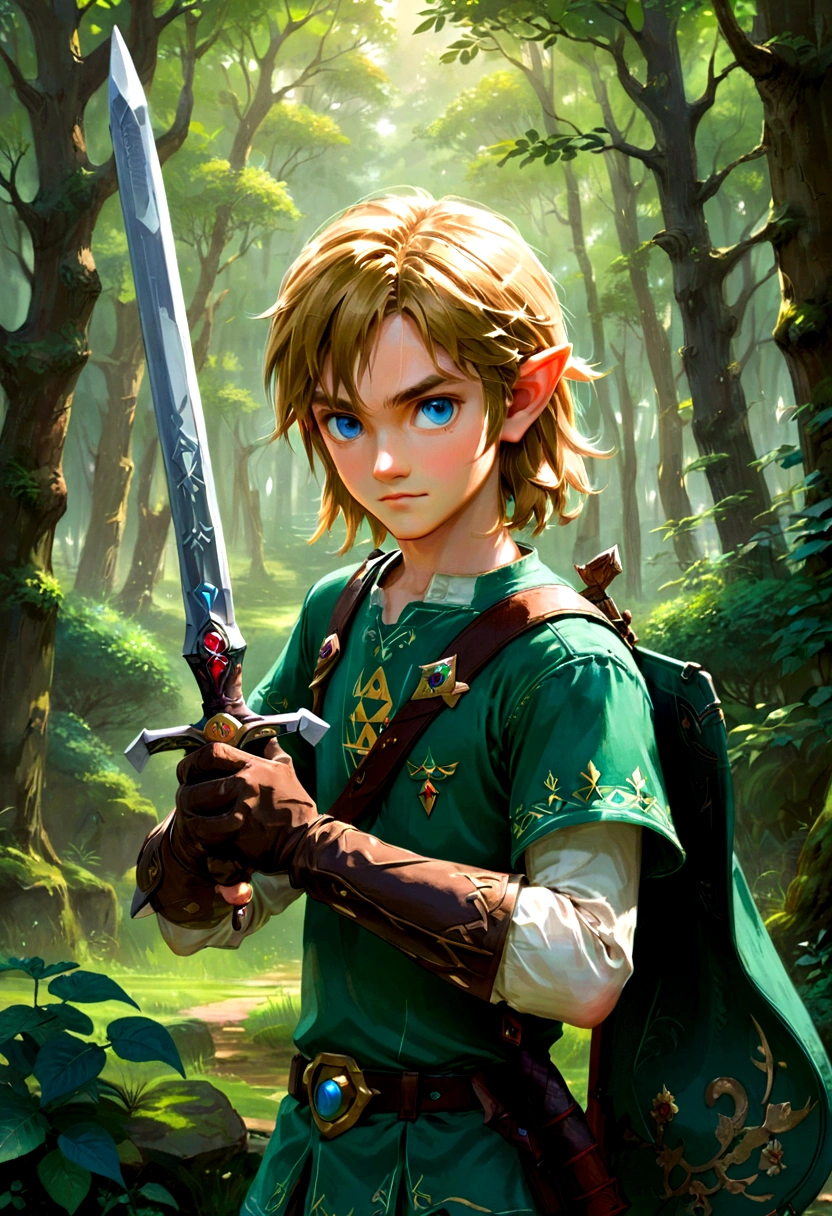 1boy, Link, The Legend of Zelda, Generate a high-fidelity, detail-oriented closeup of Link from the Legend of Zelda holding a sword and shield. The setting is a forest background, with elements such as trees and shrubs subtly included in the background. The image should mimic the texture and depth of an oil painting, expressing the character's confident nature yet also its beauty in a poignant and compelling way, influenced by the art of Lou Xaz, masterpiece, best quality, very aesthetic, absurdres