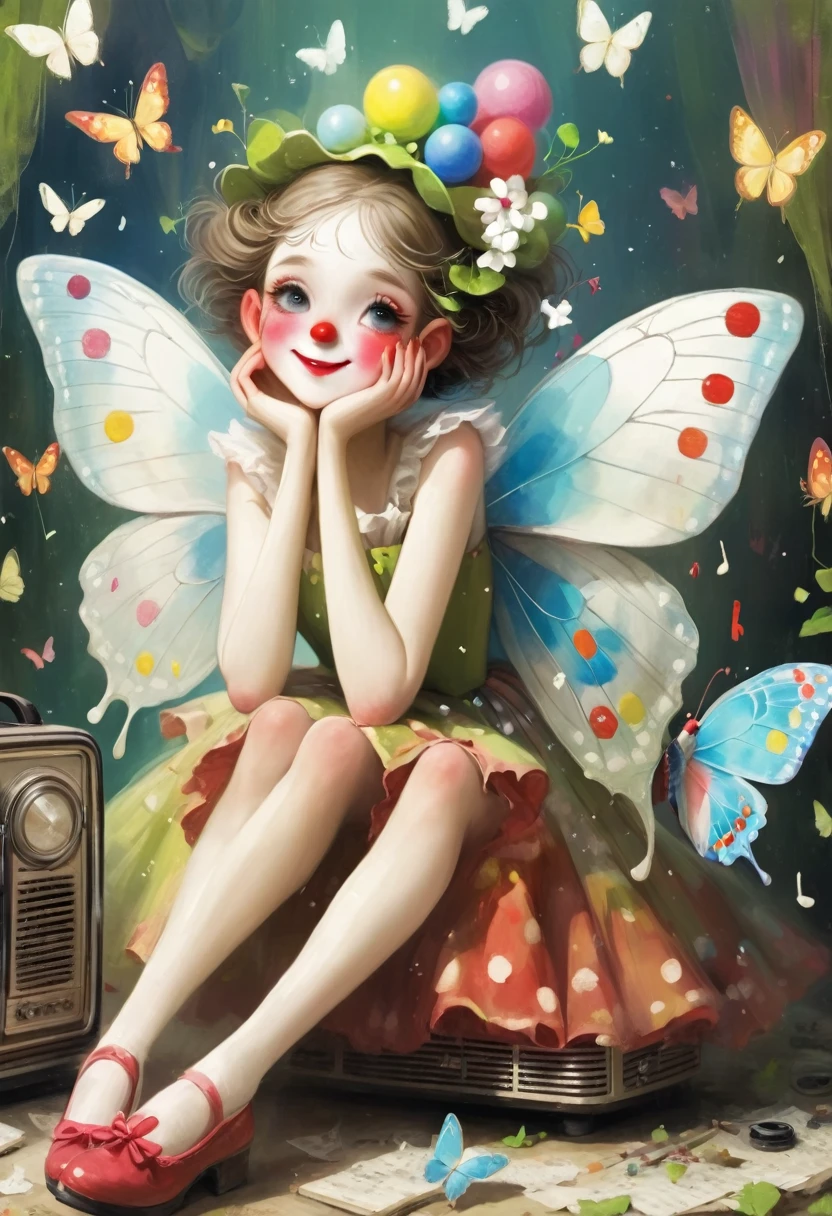 A girl in a skirt and a clown hat sits on an old radio that plays music, White butterflies fluttering on her face,