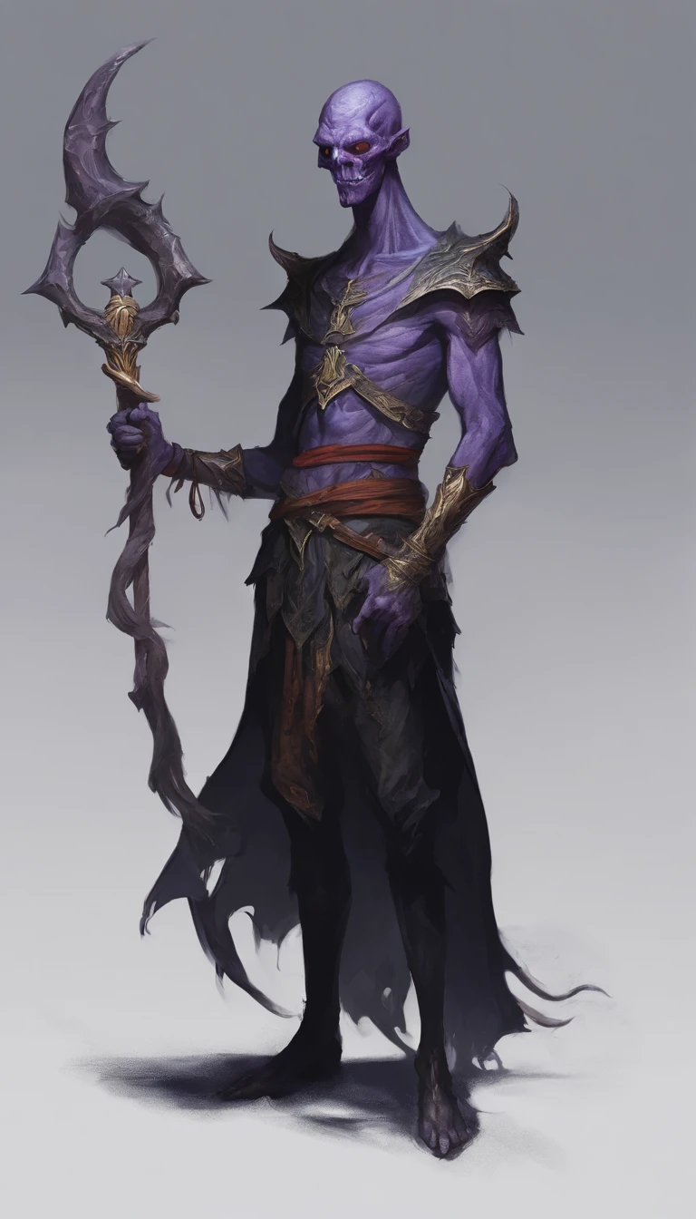 Mind flayer,Inspired by Dungeons & Dragons,Full body concept art illustration of Mind Flayer。The character has human-like proportions,tall、slim and muscular。The character has 4 tentacles extending from its chin,Light purple skin,Almost Blue。The character is dressed in exquisite、Luxurious black academic robes and ornate leather boots。Background is blank