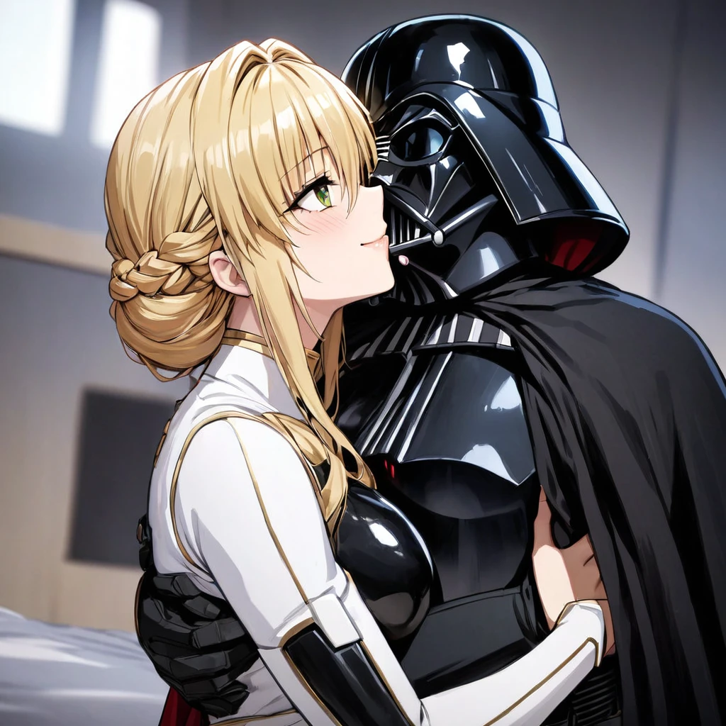 ((Highest quality)), ((masterpiece)), (detailed), (Perfect Face)、The woman is a Stormtrooper named Tiare, with green eyes, medium blonde hair, and a Princess Leia hairstyle. She is wearing a gorgeous black Stormtrooper bodysuit with gold patterns and trim, and a gorgeous black cape.、The woman is being held by Darth Vader, they are kissing and making love, and the woman is smiling gently at Darth Vader.