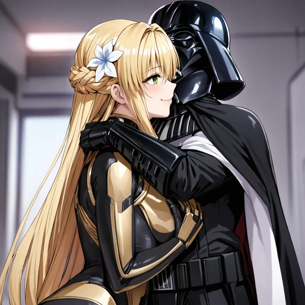 ((Highest quality)), ((masterpiece)), (detailed), (Perfect Face)、The woman is a Stormtrooper named Tiare, with green eyes, medium blonde hair, and a Princess Leia hairstyle. She is wearing a gorgeous black Stormtrooper bodysuit with gold patterns and trim, and a gorgeous black cape.、The woman is being held by Darth Vader, they are kissing and making love, and the woman is smiling gently at Darth Vader.