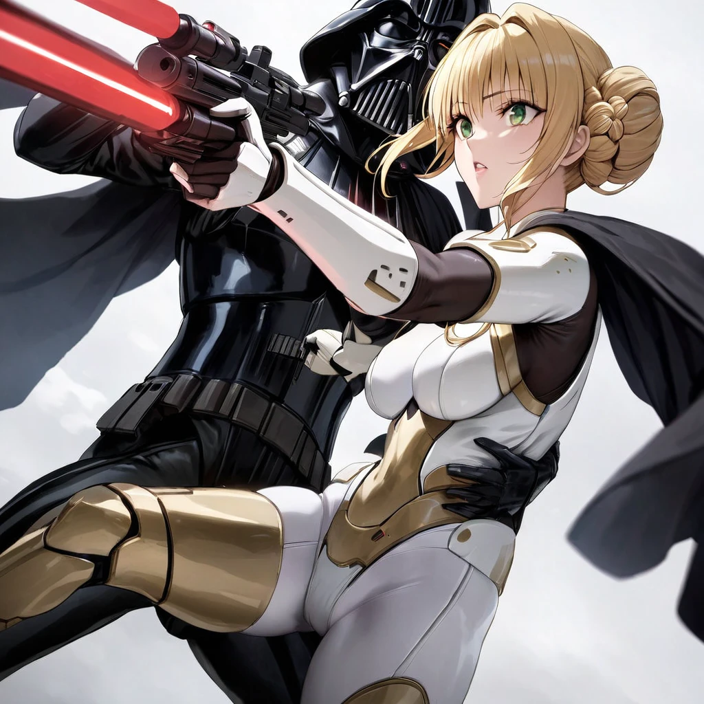 ((Highest quality)), ((masterpiece)), (detailed), (Perfect Face)、The woman is a Stormtrooper named Tiare, with green eyes, medium blonde hair, and a Princess Leia hairstyle. She is wearing a gorgeous black Stormtrooper bodysuit with gold patterns and trim, and a gorgeous black cape.、The woman is fighting alongside Darth Vader, who is holding a red lightsaber, while the woman is protecting him and firing a blaster.