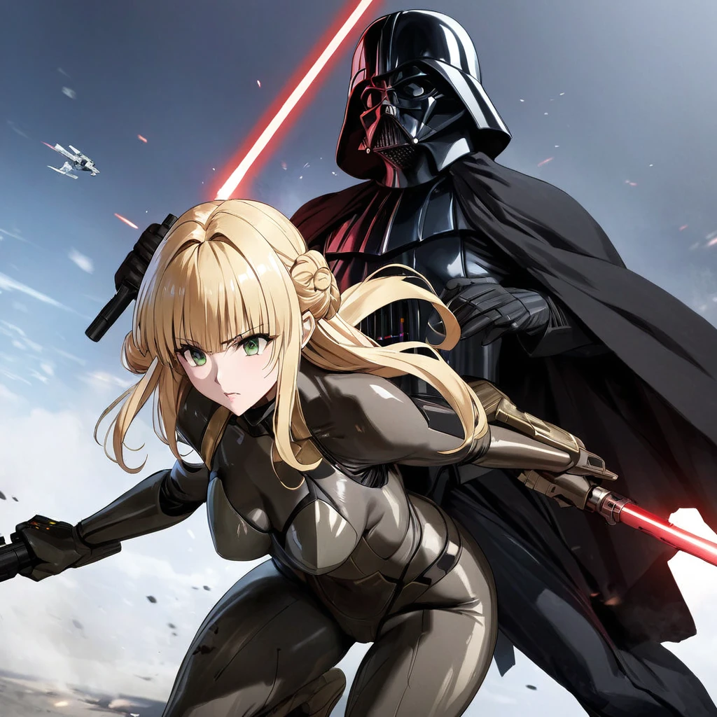 ((Highest quality)), ((masterpiece)), (detailed), （Perfect Face）、The woman is a Stormtrooper named Tiare, with green eyes, medium blonde hair, and a Princess Leia hairstyle. She is wearing a gorgeous black Stormtrooper bodysuit with gold patterns and trim, and a gorgeous black cape.、The woman is fighting alongside Darth Vader, who is holding a red lightsaber, while the woman is protecting him and firing a blaster.