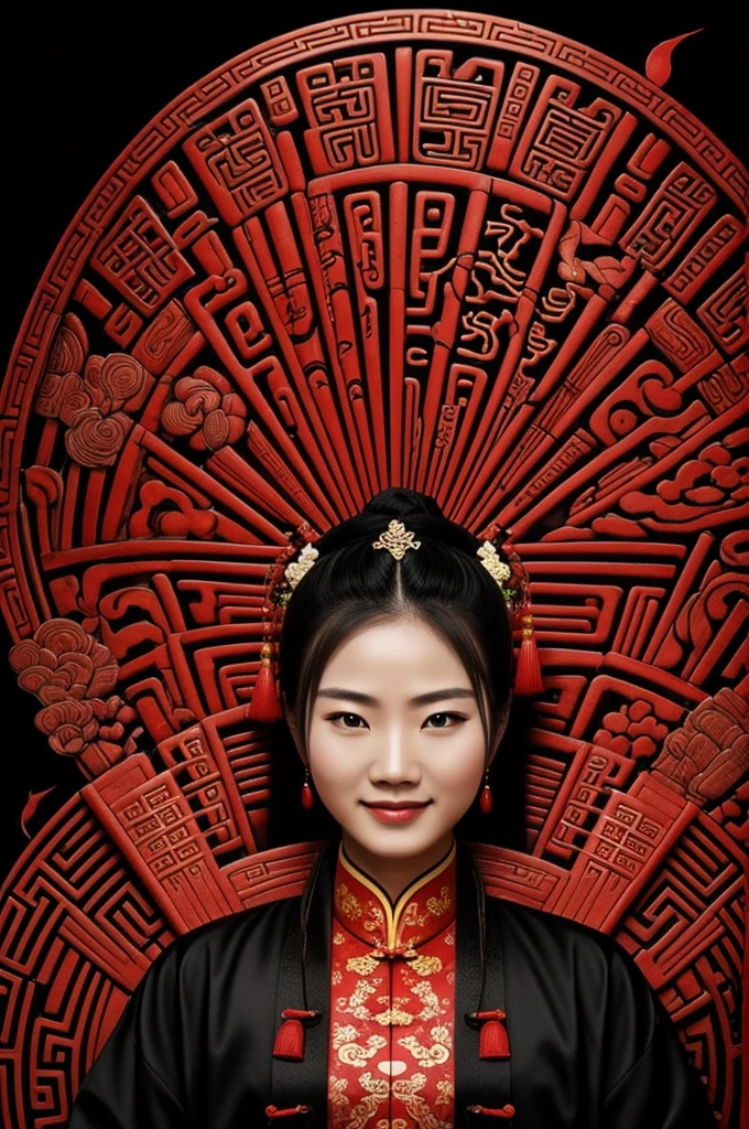 Image with the theme of Chinese culture, with a black and red background, including the phrase "Happiness has no end"
