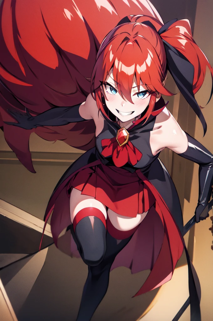 Highest quality, masterpiece, One Girl,Not beautiful, Red Ponytail, Long dress, brooch, Hair Ribbon,  Black knee socks, Standing on the rubble,  (Wicked Smile:1.1), ,,Dark shadowed face,Sadistic smile,Malice,Contempt,smile,latex,Bad face,,Red Skirt,two hands,two legs,five fingers,evil background,elbow gloves,latex, Wicked Smile, devilish aura (Shiny fabric:1.5),Dark world background,独奏,


