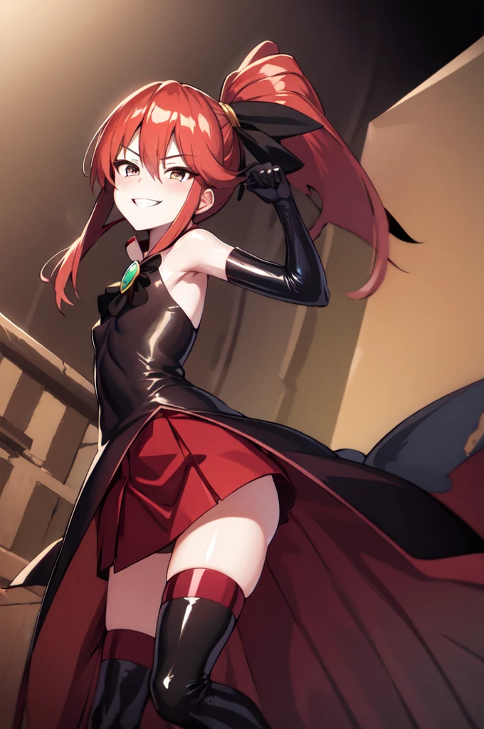 Highest quality, masterpiece, One Girl,Not beautiful, Red Ponytail, Long dress, brooch, Hair Ribbon, Black knee socks, Standing on the rubble, (Wicked Smile:1.1), ,,Dark shadowed face,Sadistic smile,Malice,Contempt,smile,latex,Bad face,,Red Skirt,two hands,two legs,five fingers,evil background,elbow gloves,latex, Wicked Smile, devilish aura (Shiny fabric:1.5),Dark world background,独奏,