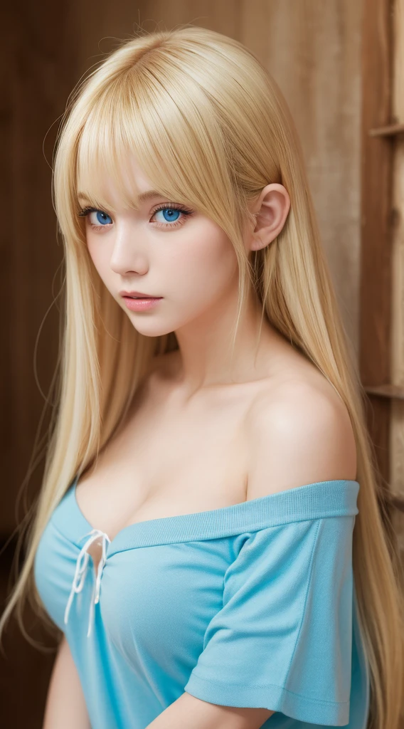 1girl in, 19, Solo, super long blonde hair, Colossal tits, Looking at Viewer, Bright blonde hair, Blonde color that changes depending on the lighting、big bright blue eyes、very big eyeessy bangs between eyes、Bare shoulders, jewely, Full body, (Very detailed 8k wallpaper), Soft lighting, High quality, Film grain, Fujifilm XT3 sharp focus, F 5.6, high detailing, Sharp Focus,(Natural light), (gros-plan:1.2), (Seductive), off shoulder t-shirt, Realistic, A sexy