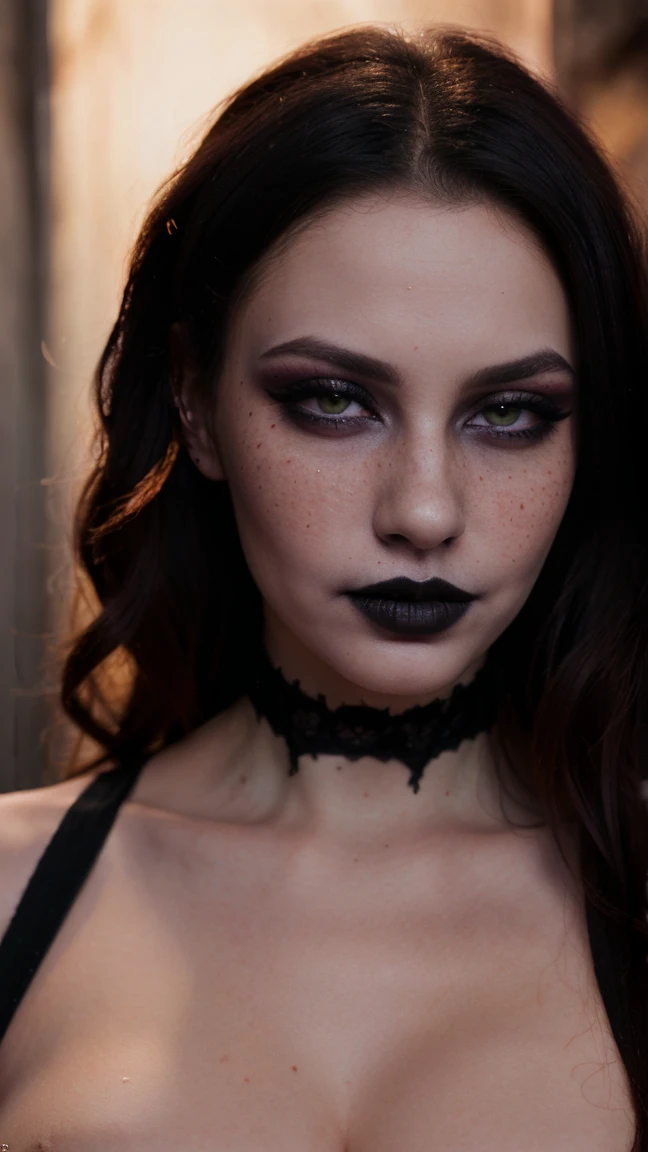 (best quality, hyperdetailed photography:1.2), beautiful european lady, ((dark black lipstick)), freckles, gothic makeup, soft light, skinny figure, head and breast portrait, cover, (detailed beautiful face, detail skin texture, ultra-detailed body:1.1) sexy vampire women, full body