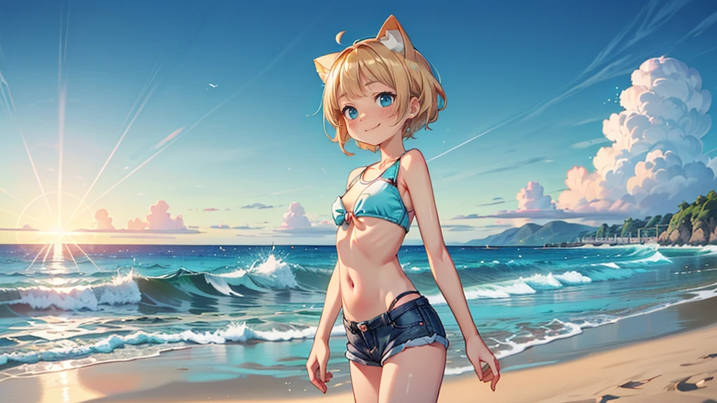 smile,ピンクのSwimwearの上半身、Denim shorts、Turquoise Eyes、Cat ear、Absurd, Ultra-detailed,Bright colors,(solo),(From the side:1.2),(View your viewers:1.5) (Short blonde hair:1.2),Shiny Hair,(ピンクのSwimwear:1.5),Denim shorts,Delicate and beautiful face, blush、(Deep blue eyes:1.4), White skin, (物憂げなsmile:1.3),Beautiful Clouds,(Standing on the beach, looking to the side with a sad expression:1.3),look at the sea and sunset,At sunset,Waves crashing on the beach,sunlight,Light on the face、Cat ear、Belly button、Turquoise Eyes、Swimwear
