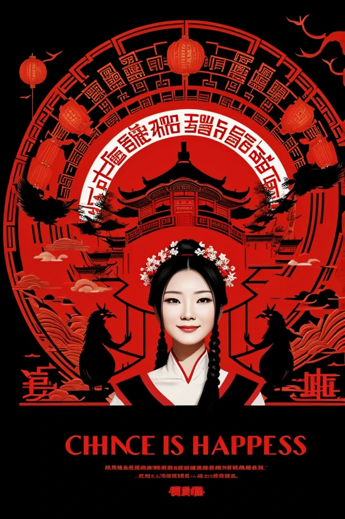 Image with the theme of Chinese culture, with a black and red background, including the phrase "Happiness has no end"