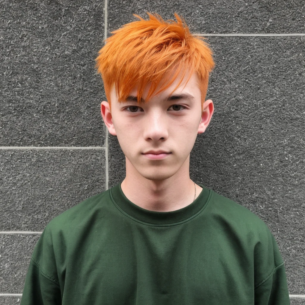 Handsome Scottish guy, Mix Japanese, orange hair, green eyes, short hair, buzzcut hair,  17 years old student