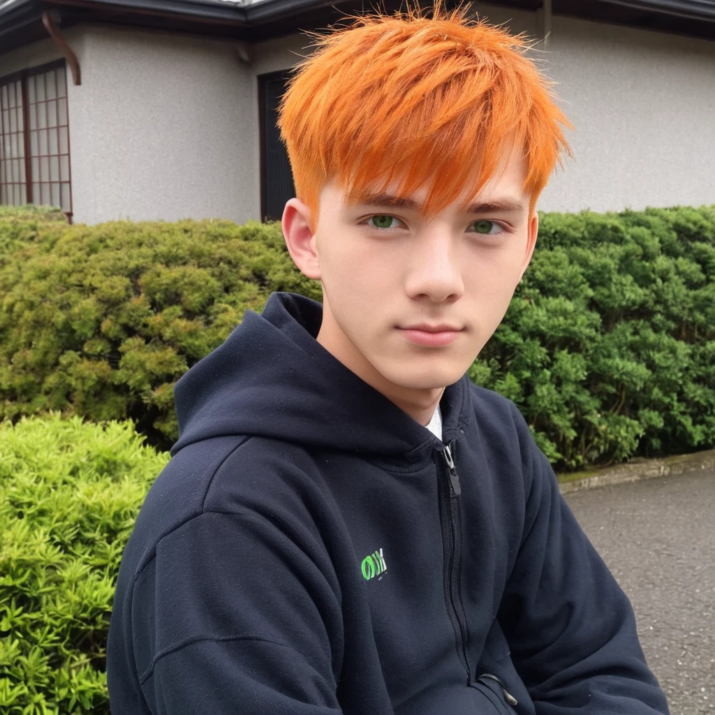 Handsome Scottish guy, Mix Japanese, orange hair, green eyes, short hair, buzzcut hair, 17 years old student