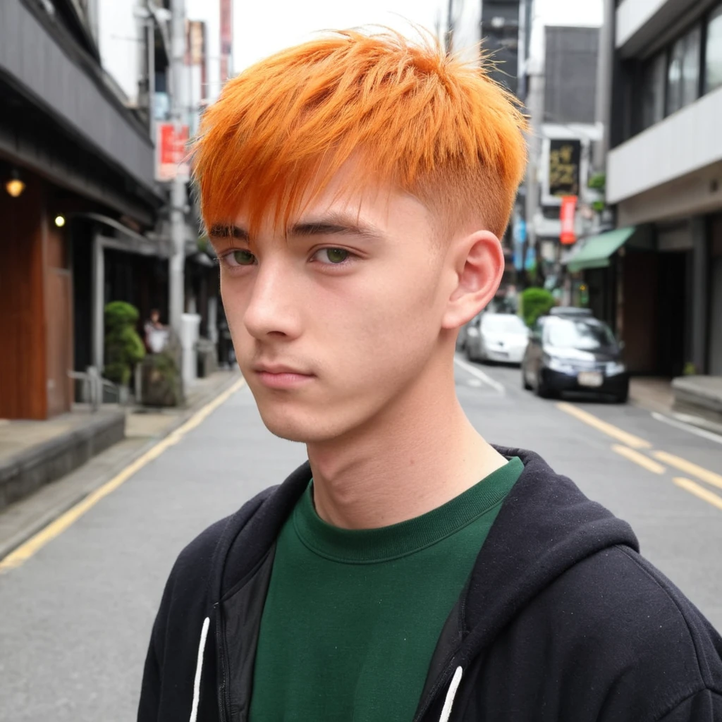 Handsome Scottish guy, Mix Japanese, orange hair, green eyes, short hair, buzzcut hair,  17 years old student