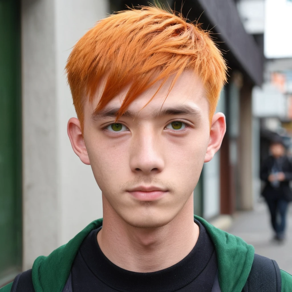 Handsome Scottish guy, Mix Japanese, orange hair, green eyes, short hair, buzzcut hair, 17 years old student