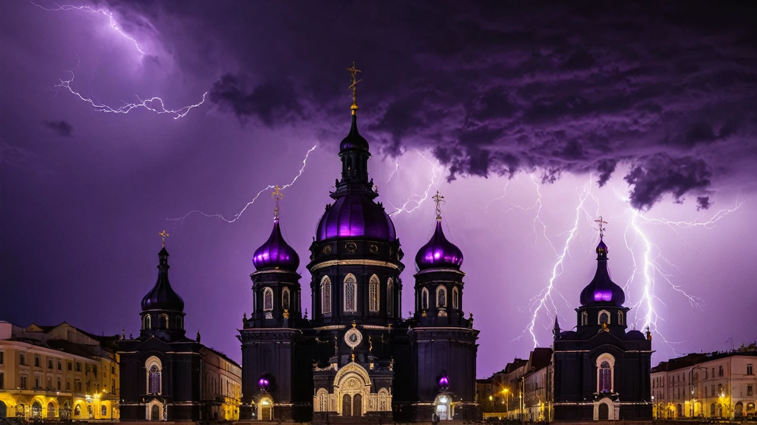 darkest atmosphere, dark purple & black storm clouds during the night, darkness, lightning, panoramic façade of a black cathedral with purple onion domes, background