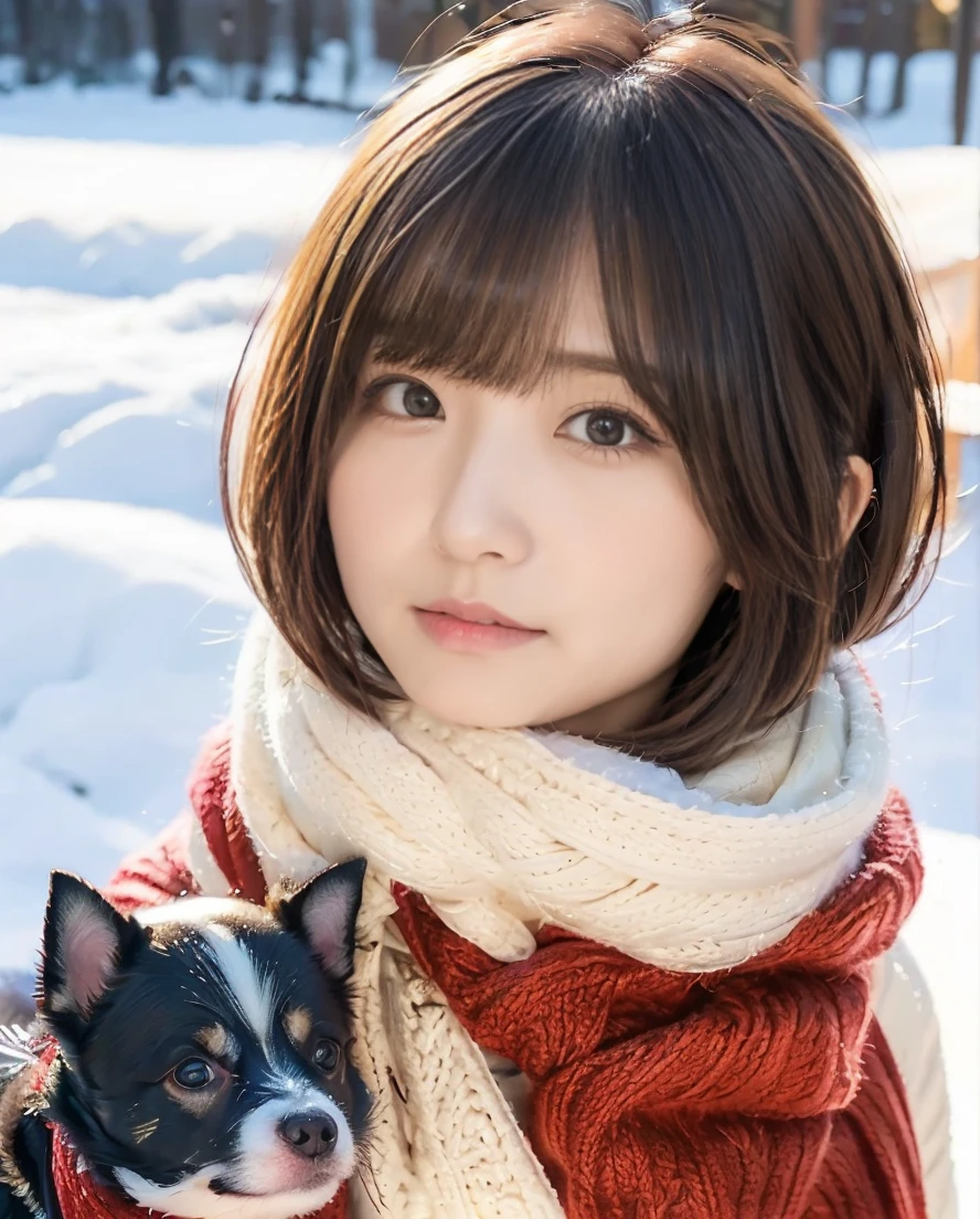 Being with a dog、Girl and dog warming themselves by a bonfire、Lens flare、Hair blowing in the wind、Medium Short Hair、Fluffy scarf in warm colors、Expressing a single whiteness'breath、Photo from the waist up、Night city illumination shot、Cowgirl Shot、Fur coat、豪華なグレーのミンクのFur coat、Wear good leather boots、Luxury Bags、Inner turtleneck、Silver necklace and small silver earrings Millionaire style:1.4))、Full body photo、smile、 Caustics、Highly detailed photos、Very beautiful woman 、Ample breasts、No makeup、(8K、RAW Photos、Highest quality、masterpiece:1.2)、(Realistic、Realistic)、1 Girl、((Medium Short Hair、Midwinter、Cold region Snow falling、The wind is blowing、Fluttering Hair、Blur the background、Colorful illuminations、Looking into the camera:1.4))、
