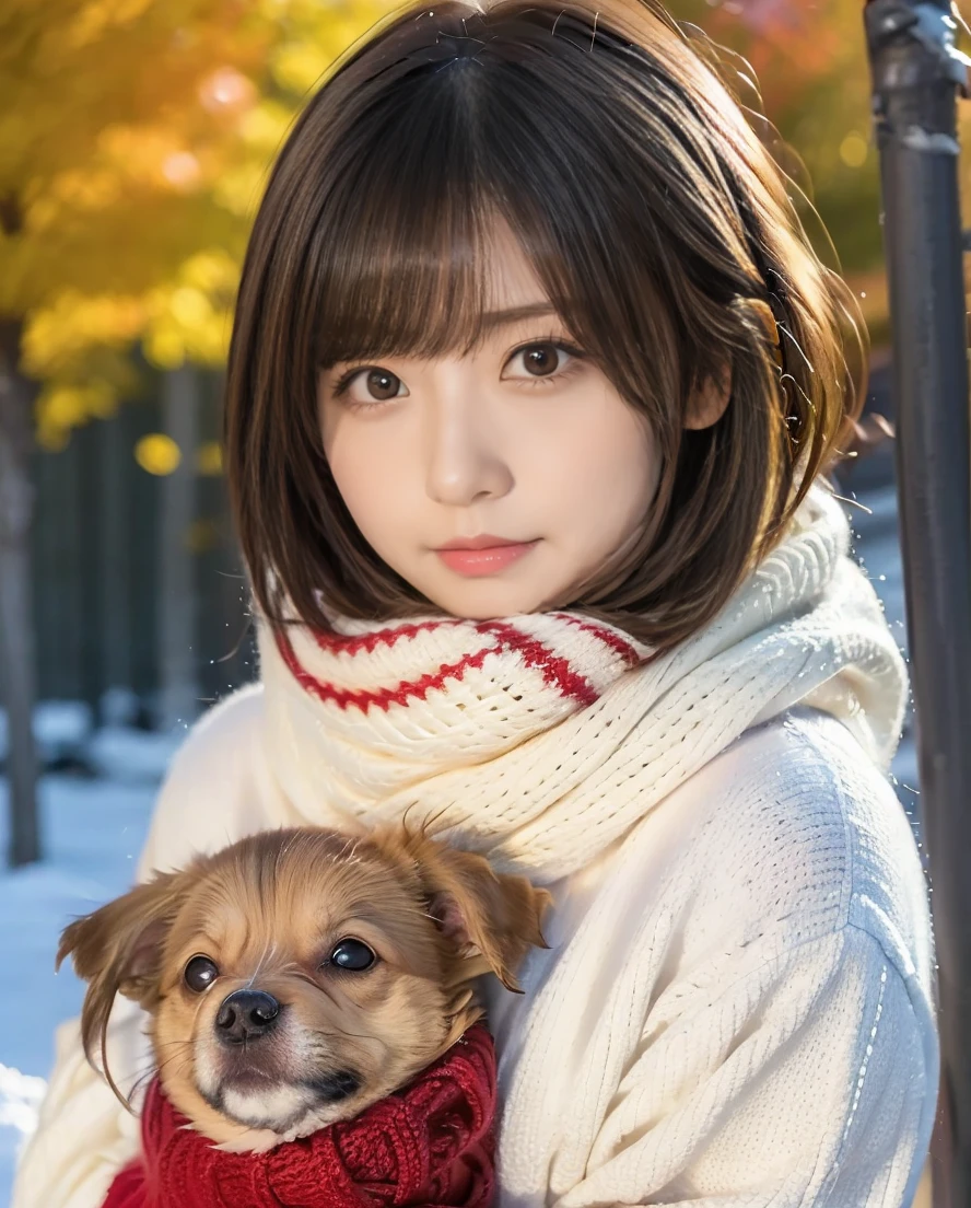 Being with a dog、Girl and dog warming themselves by a bonfire、Lens flare、Hair blowing in the wind、Medium Short Hair、Fluffy scarf in warm colors、Expressing a single whiteness&#39;breath、Photo from the waist up、Night city illumination shot、Cowgirl Shot、Fur coat、豪華なグレーのミンクのFur coat、Wear good leather boots、Luxury Bags、Inner turtleneck、Silver necklace and small silver earrings Millionaire style:1.4））、Full body photo、smile、 Caustics、Highly detailed photos、Very beautiful woman 、Ample breasts、No makeup、(8K、RAW Photos、Highest quality、masterpiece:1.2)、(Realistic、Realistic)、1 Girl、((Medium Short Hair、Midwinter、Cold region Snow falling、The wind is blowing、Fluttering Hair、Blur the background、Colorful illuminations、Looking into the camera:1.4))、
