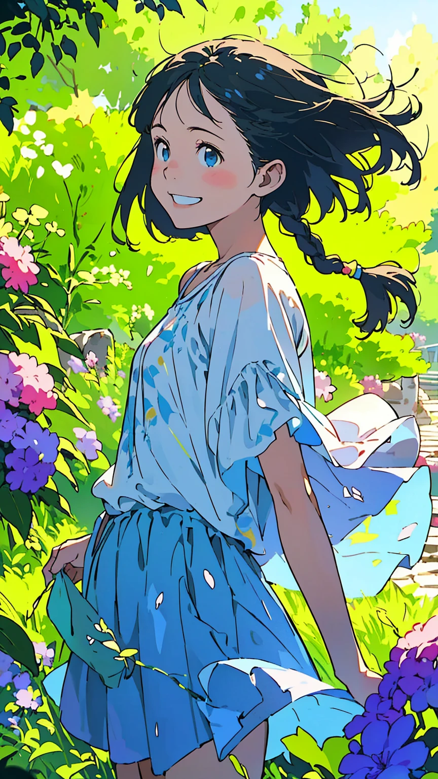 Reasonable design, Clear lines, High Sharpness, (Highest quality,8K,Perfect sharpness,Ultra fine,High resolution,masterpiece:1.2), Perfect Anatomy:1.5, Official Art, Illustrations that tell a story, (Whitish background:0. 9)、Body Positivity、多Mr.な身体表現、(Random and energetic poses)、Perfect beauty、Perfect beautiful face、Strong winds、A rich expression、Dynamic composition、smile、Golden ratio composition、colorful、((Mr.々Different angles and perspectives))、Anime Art、(Mini dress)、(Overcoming stereotypes)、 Glowing Skin、(Natural beauty)、smile、Bangs、(Soft and flowing hair)、(countryside)、(Nostalgic atmosphere)、Put it up to your thighs、(Playful and carefree)、(多Mr.な民族のキャラクター)、(innocent attitude)、(Sunny atmosphere)、(The skirt flutters wildly in the wind)、(Bright colors)、Beautiful Eyes、(Embarrassing)、Braided Hair、Summer Scene、Smiling among flowers、Side angle、