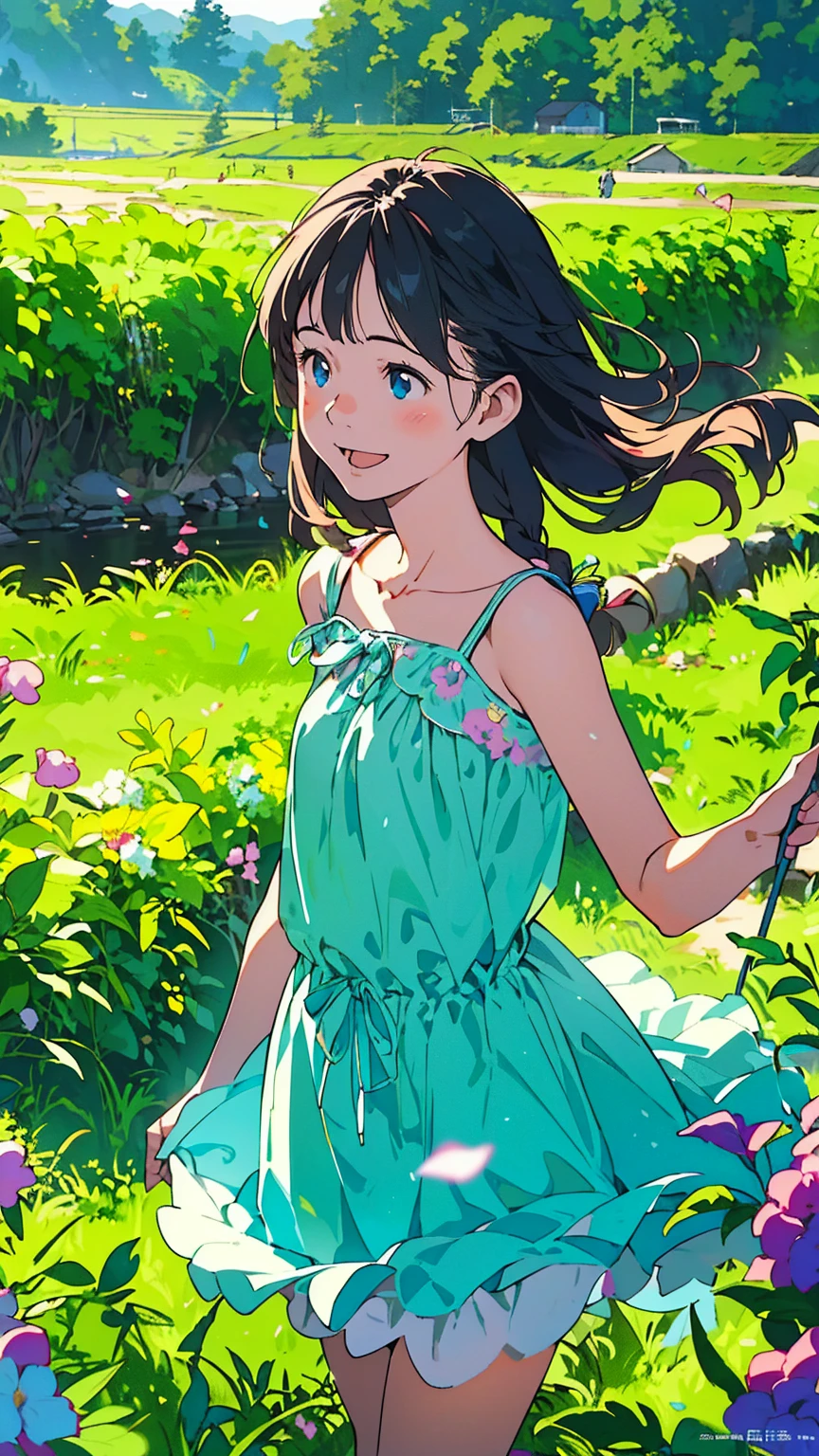 Reasonable design, Clear lines, High Sharpness, (Highest quality,8K,Perfect sharpness,Ultra fine,High resolution,masterpiece:1.2), Perfect Anatomy:1.5, Official Art, Illustrations that tell a story, (Whitish background:0. 9)、Body Positivity、多Mr.な身体表現、(Random and energetic poses)、Perfect beauty、Perfect beautiful face、Strong winds、A rich expression、Dynamic composition、smile、Golden ratio composition、colorful、((Mr.々Different angles and perspectives))、Anime Art、(Mini dress)、(Overcoming stereotypes)、 Glowing Skin、(Natural beauty)、smile、Bangs、(Soft and flowing hair)、(countryside)、(Nostalgic atmosphere)、Put it up to your thighs、(Playful and carefree)、(多Mr.な民族のキャラクター)、(innocent attitude)、(Sunny atmosphere)、(The skirt flutters wildly in the wind)、(Bright colors)、Beautiful Eyes、(Embarrassing)、Braided Hair、Summer Scene、Smiling among flowers、Side angle、