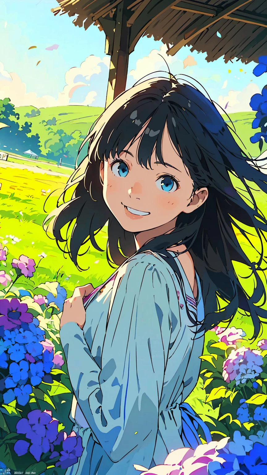 Reasonable design, Clear lines, High Sharpness, (Highest quality,8K,Perfect sharpness,Ultra fine,High resolution,masterpiece:1.2), Perfect Anatomy:1.5, Official Art, Illustrations that tell a story, (Whitish background:0. 9)、Body Positivity、多Mr.な身体表現、(Random and energetic poses)、Perfect beauty、Perfect beautiful face、Strong winds、A rich expression、Dynamic composition、smile、Golden ratio composition、colorful、((Mr.々Different angles and perspectives))、Anime Art、(Mini dress)、(Overcoming stereotypes)、 Glowing Skin、(Natural beauty)、smile、Bangs、(Soft and flowing hair)、(countryside)、(Nostalgic atmosphere)、Put it up to your thighs、(Playful and carefree)、(多Mr.な民族のキャラクター)、(innocent attitude)、(Sunny atmosphere)、(The skirt flutters wildly in the wind)、(Bright colors)、Beautiful Eyes、(Embarrassing)、Braided Hair、Summer Scene、Smiling among flowers、Side angle、