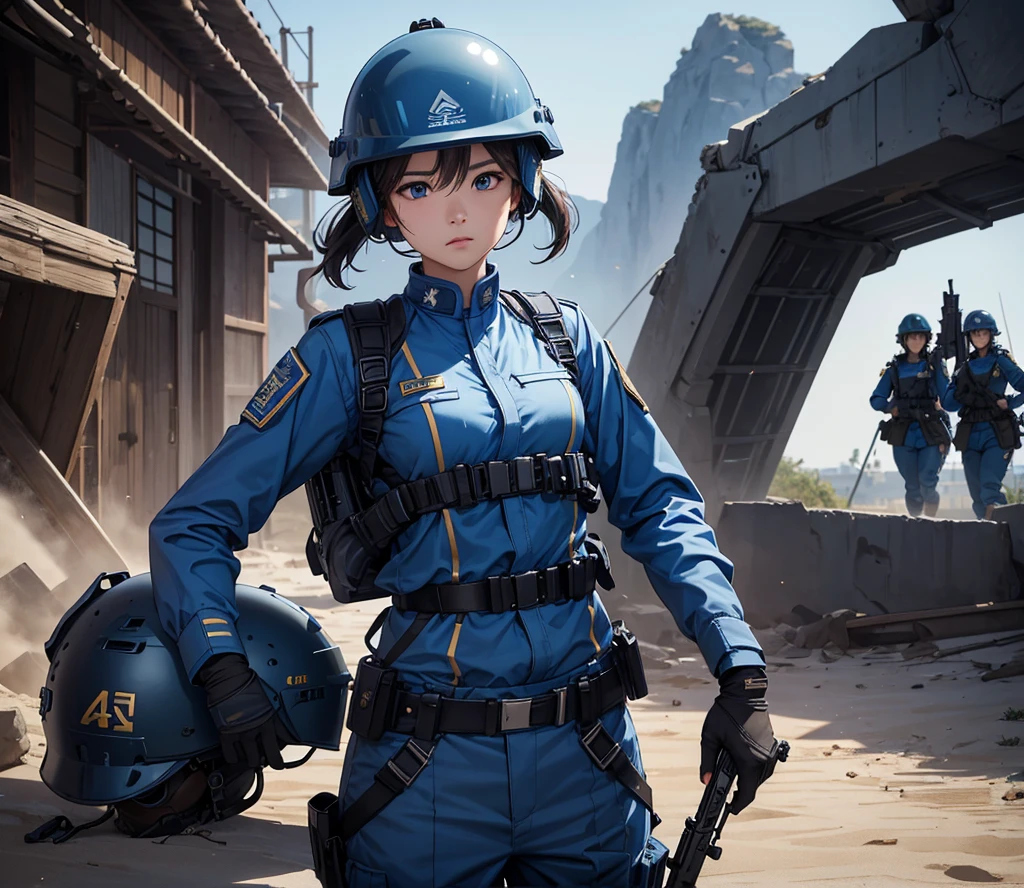 A group of female soldiers all wearing blue uniforms,Full helmet、Military Pants、Individual equipment set、Alert with guns,Write details、masterpiece、best quality、Highly detailed CG、8K picture quality
