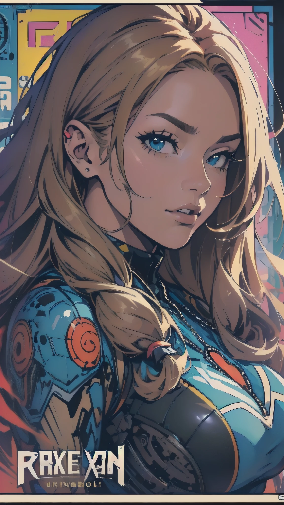 (((ultimate best quality))),((((solo:1.2)))),((((1girl:1.2)))),((((beautiful perfect woman)))),(((detailed perfect body, detailed perfect finger))),((((((ultimate movie poster)))))),(((bust up, close up))),((((detailed complicated machine)))),(((((genius mechanical))))),(((American comics))),(((extreme highlights))),(((Extremely colorful, primary colors))),cleavage, super beautiful lady,(((typography))),text,(((((looking up or looking down)))))